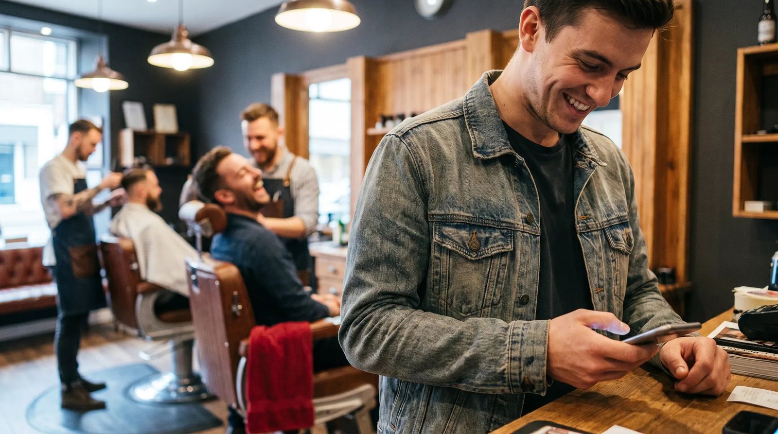 A smiling man in a denim jacket booking his next haircut on his phone at the counter while barbers work and laugh in the chairs behind him